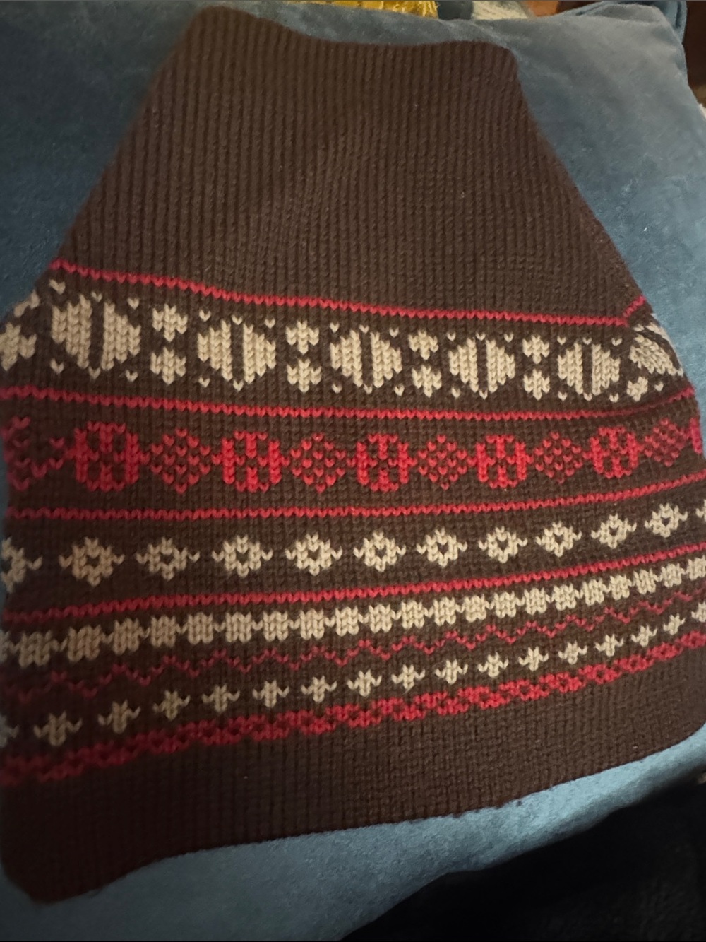 Men's Brown Knit Hat with Red and Cream Fair Isle Accents  Vintage 80’s